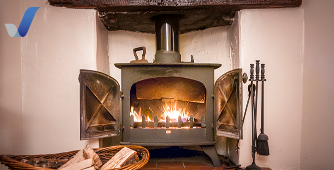 Fire in a wood burning stove fireplace